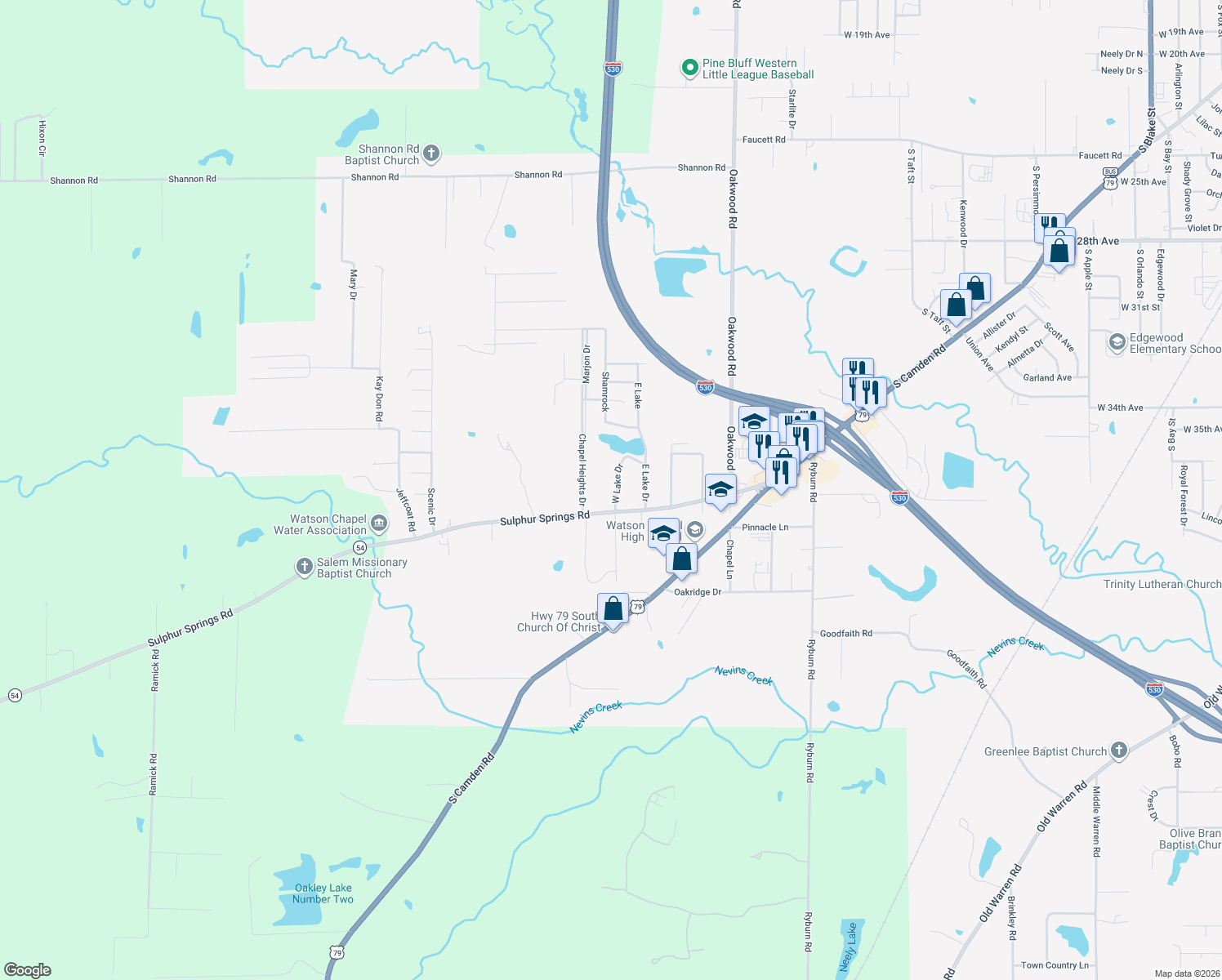map of restaurants, bars, coffee shops, grocery stores, and more near 3800 West Lake Drive in Pine Bluff
