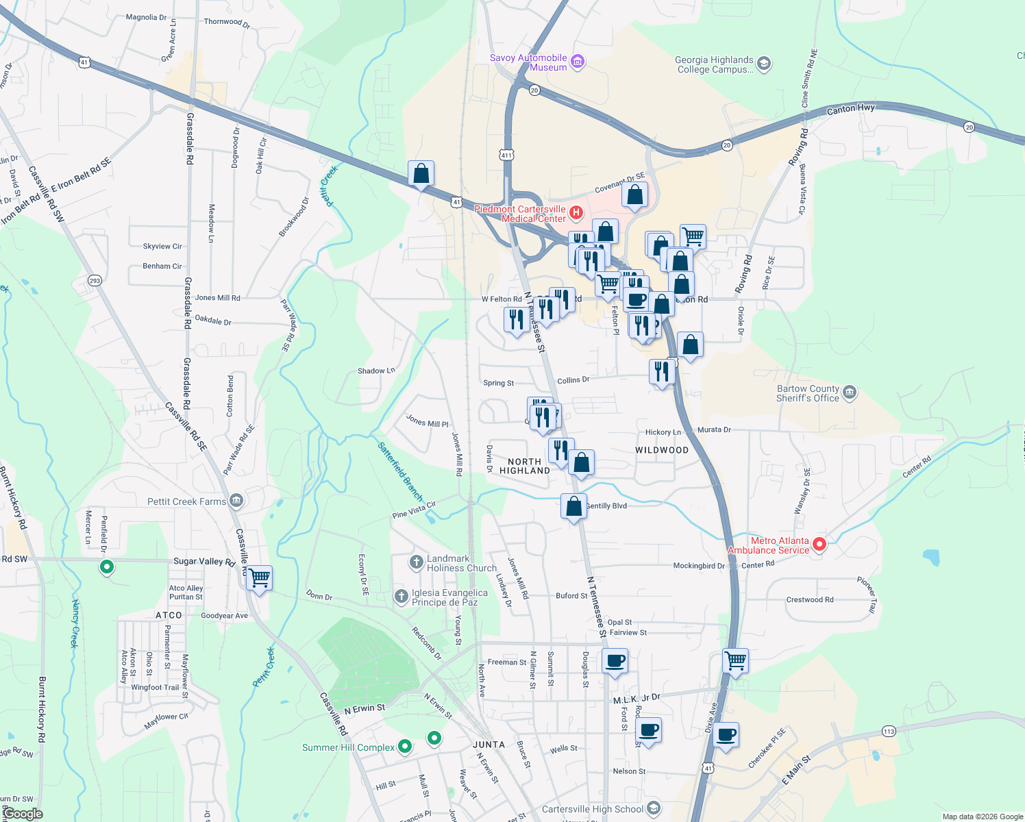 map of restaurants, bars, coffee shops, grocery stores, and more near 88 Quail Run in Cartersville