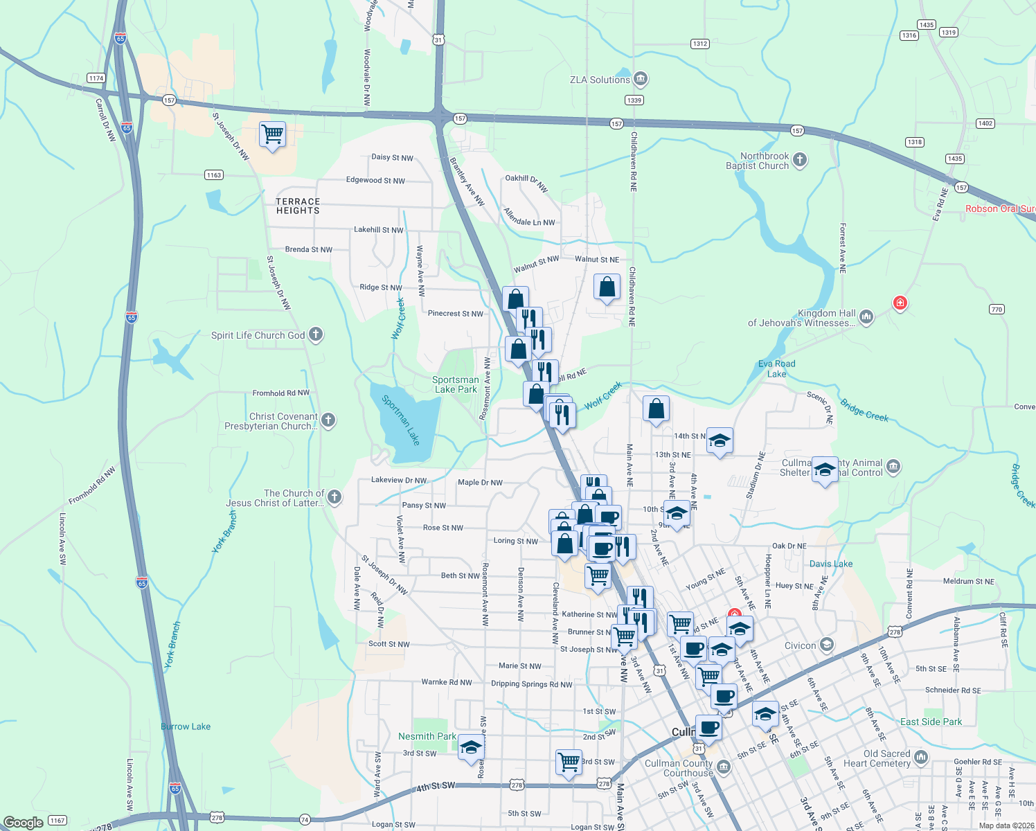 map of restaurants, bars, coffee shops, grocery stores, and more near 1404 Mitchell Road Northwest in Cullman