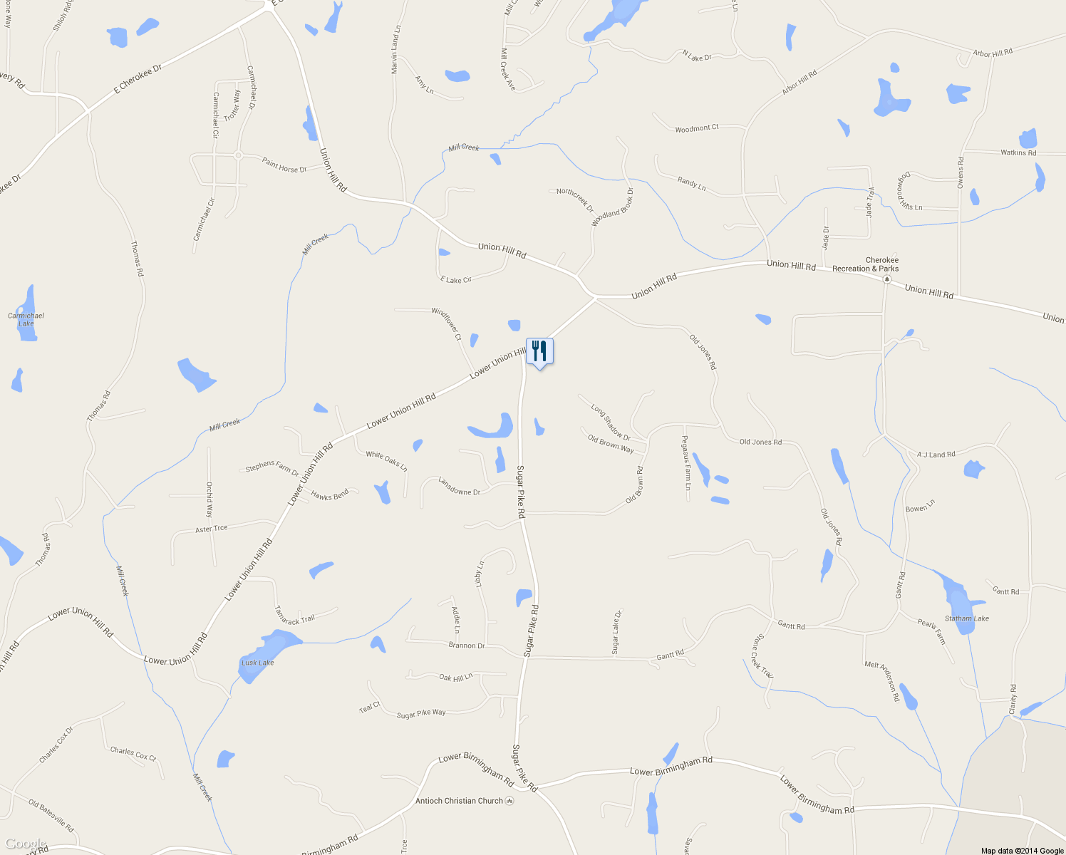 map of restaurants, bars, coffee shops, grocery stores, and more near 4882 Sugar Pike Road in Canton