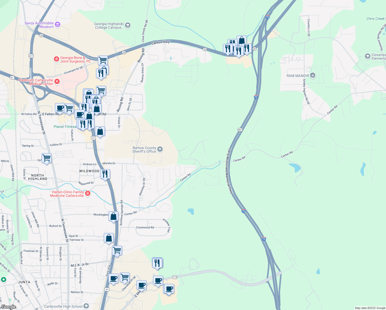 map of restaurants, bars, coffee shops, grocery stores, and more near 11 Dakota in Cartersville