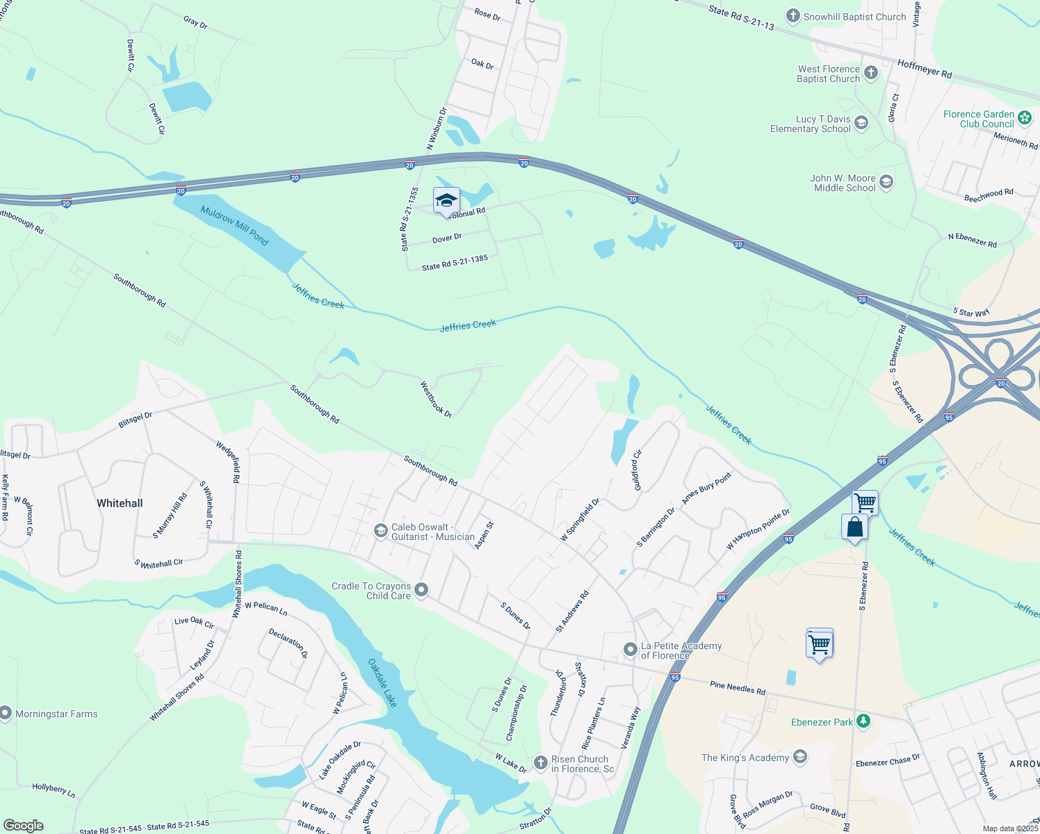 map of restaurants, bars, coffee shops, grocery stores, and more near 3821 Charters Drive in Florence