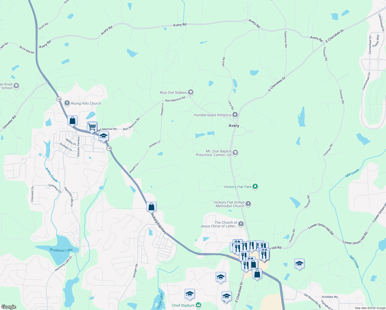 map of restaurants, bars, coffee shops, grocery stores, and more near 134 Royal Oaks Dr in Canton