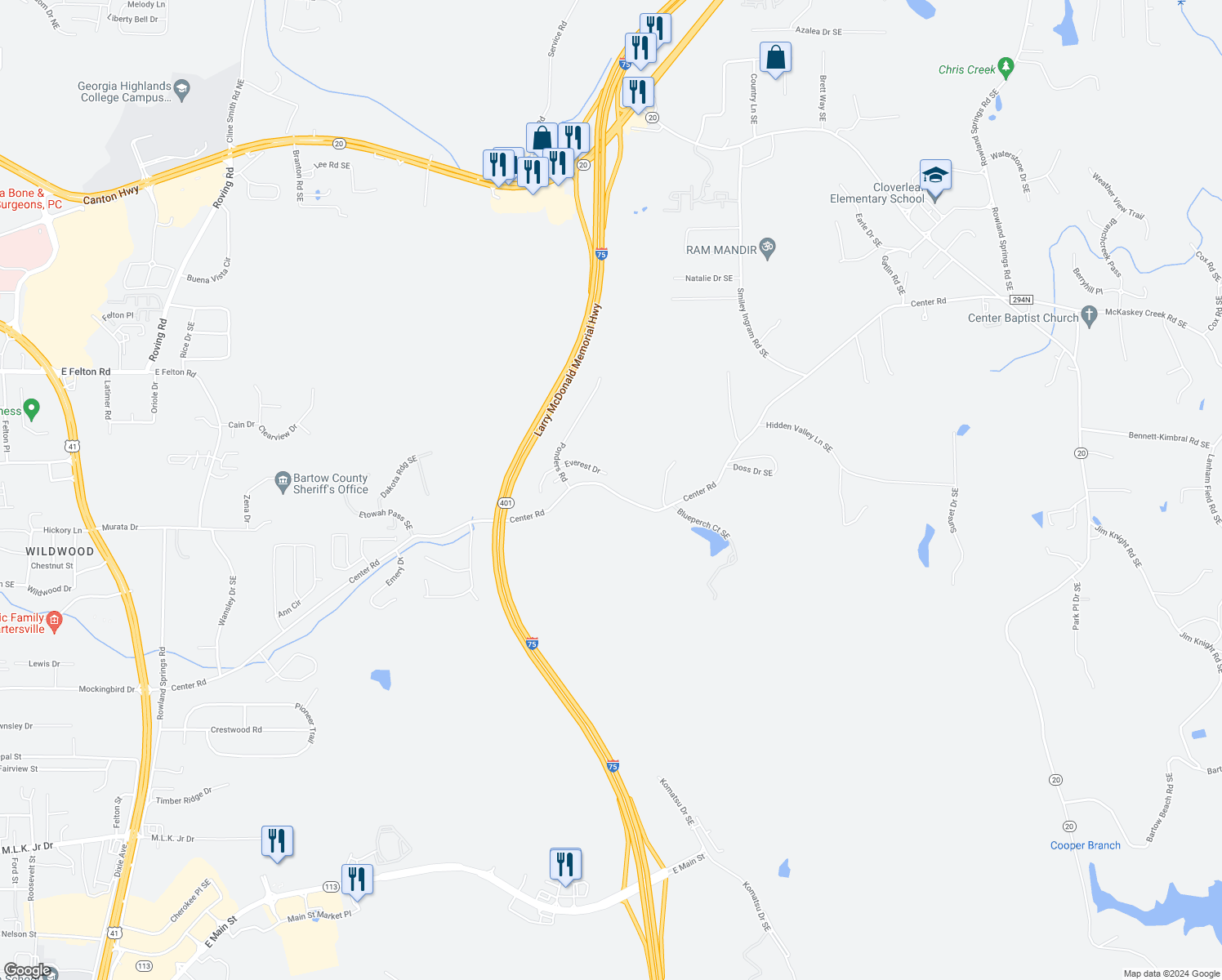 map of restaurants, bars, coffee shops, grocery stores, and more near 226 Center Road Southeast in Cartersville