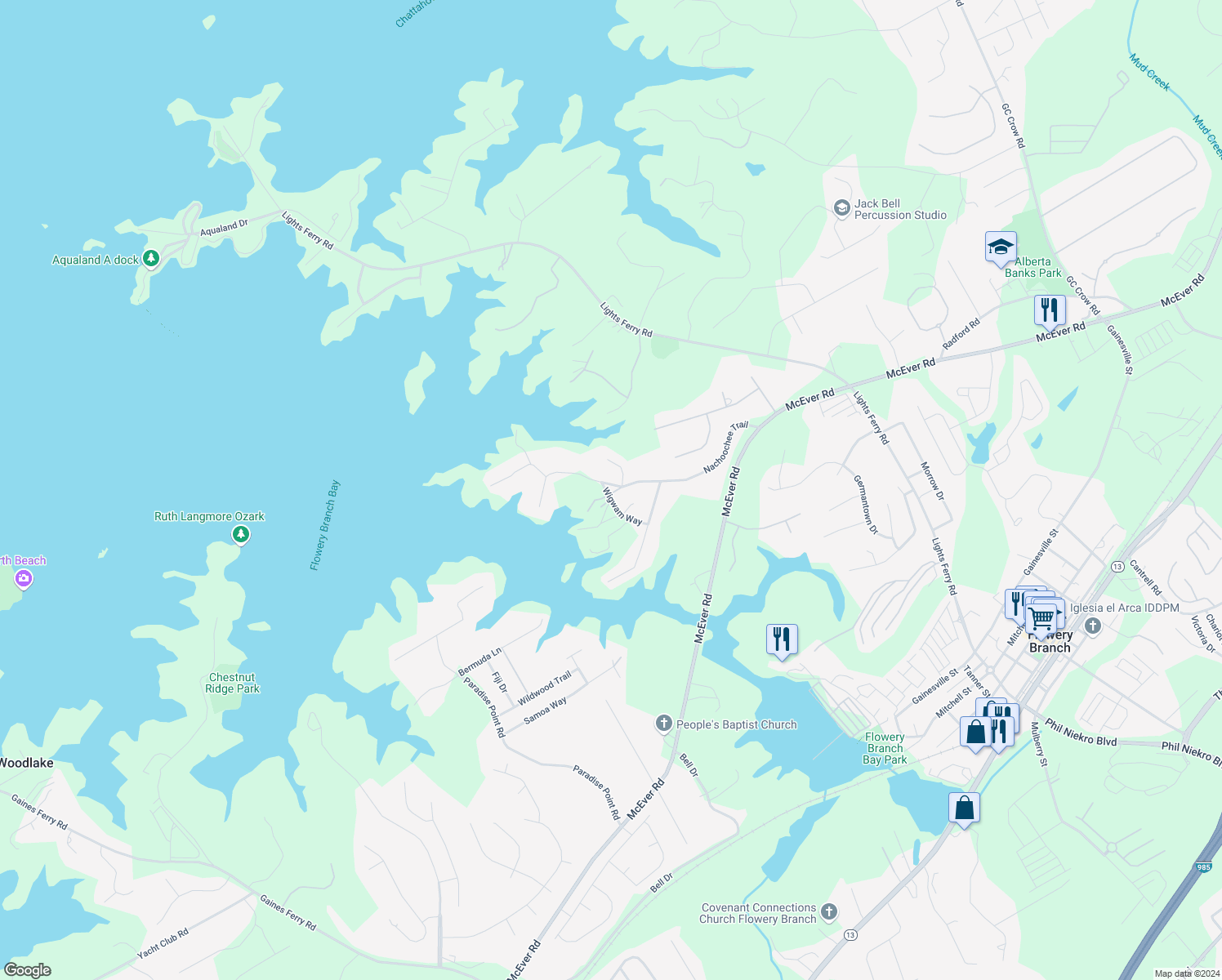 map of restaurants, bars, coffee shops, grocery stores, and more near 5943 Nachoochee Trail in Flowery Branch