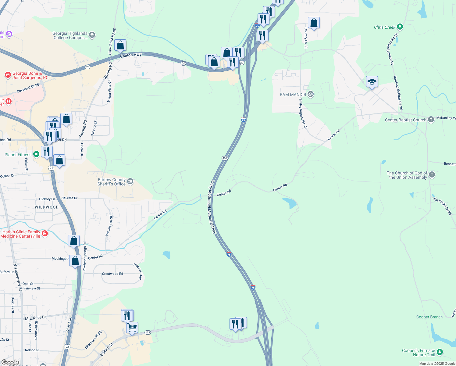 map of restaurants, bars, coffee shops, grocery stores, and more near 9 McKinley Court Southeast in Cartersville