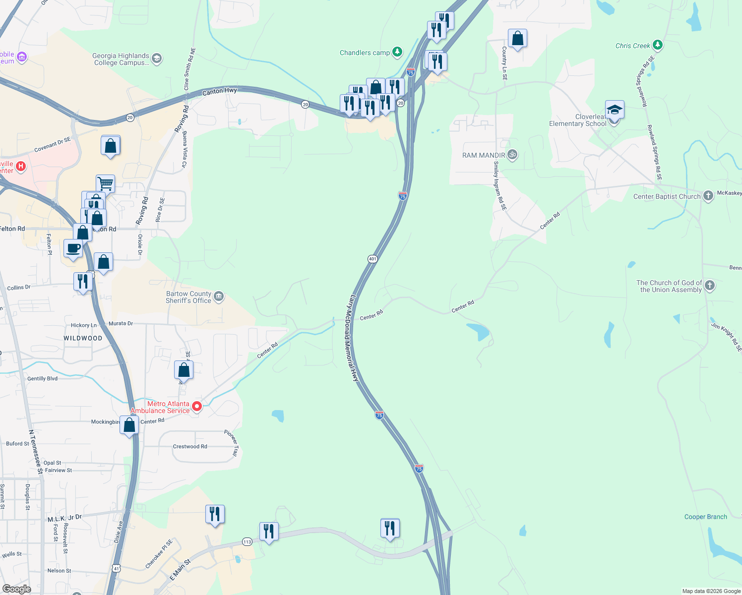 map of restaurants, bars, coffee shops, grocery stores, and more near 15 McKinley Court Southeast in Cartersville