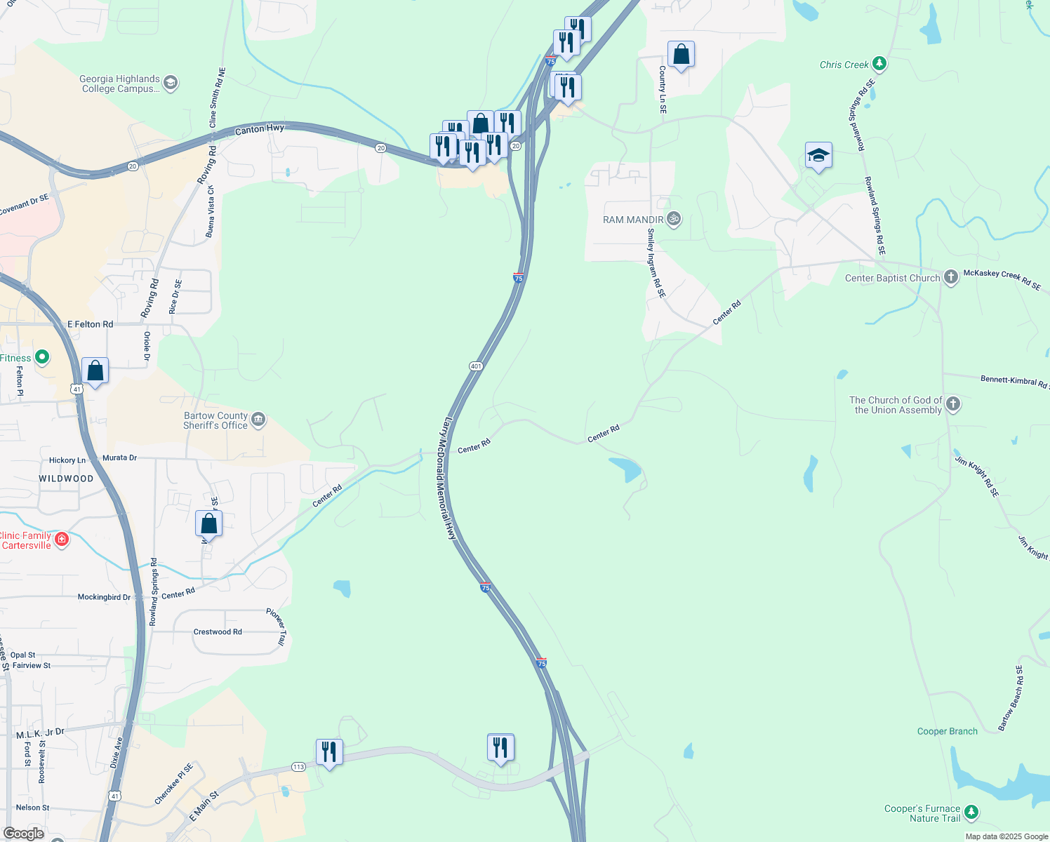 map of restaurants, bars, coffee shops, grocery stores, and more near 17 Everest Drive in Cartersville
