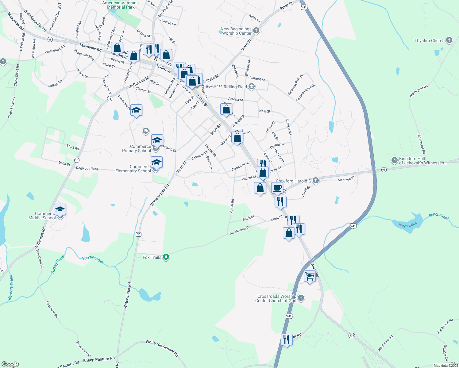 map of restaurants, bars, coffee shops, grocery stores, and more near 123 Creekdale Dr in Commerce