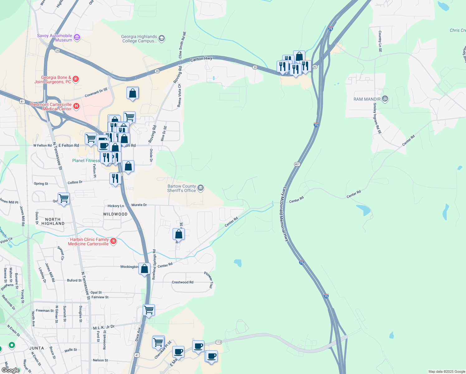 map of restaurants, bars, coffee shops, grocery stores, and more near 14 Kamali Pass in Cartersville