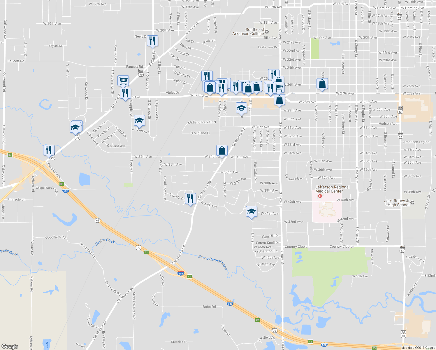 map of restaurants, bars, coffee shops, grocery stores, and more near 2920 West 36th Avenue in Pine Bluff