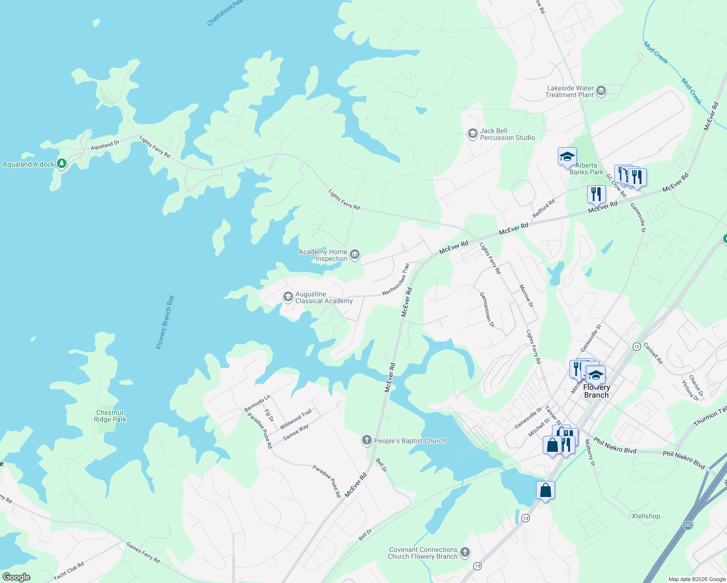 map of restaurants, bars, coffee shops, grocery stores, and more near 5934 Nachoochee Trail in Flowery Branch