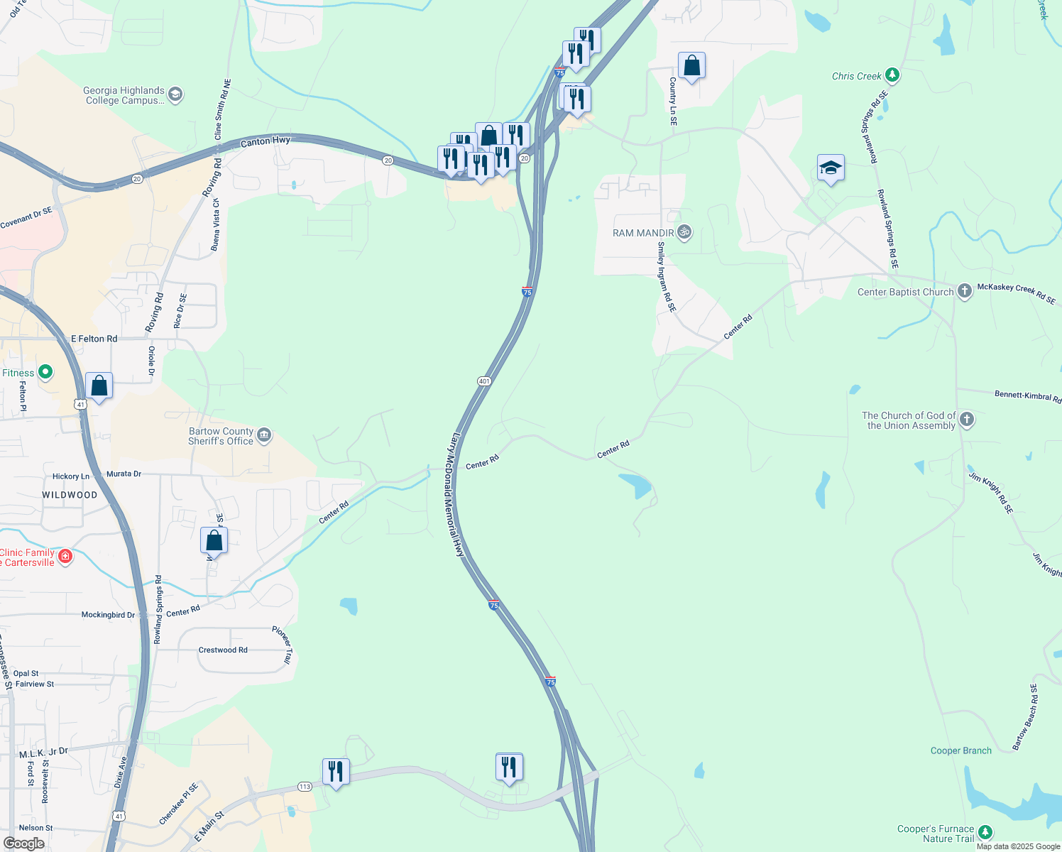map of restaurants, bars, coffee shops, grocery stores, and more near 17 Everest Drive in Cartersville