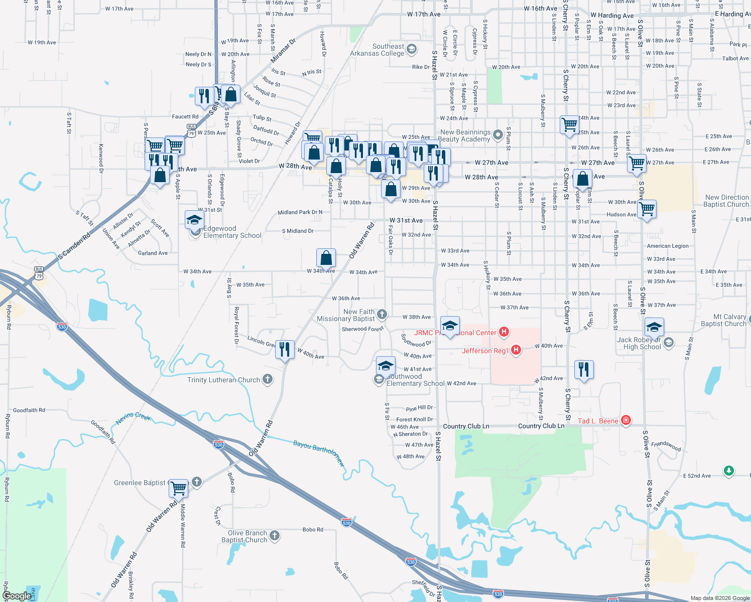 map of restaurants, bars, coffee shops, grocery stores, and more near 2610 West 36th Avenue in Pine Bluff