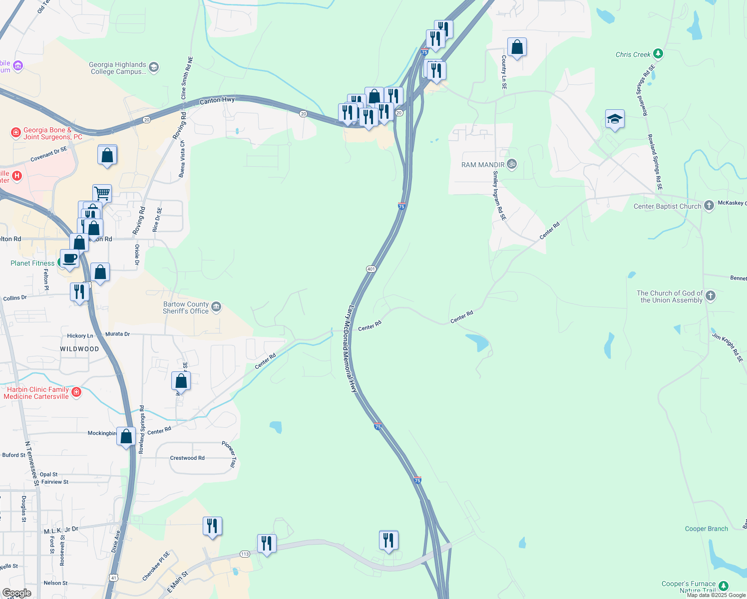 map of restaurants, bars, coffee shops, grocery stores, and more near 9 McKinley Court Southeast in Cartersville