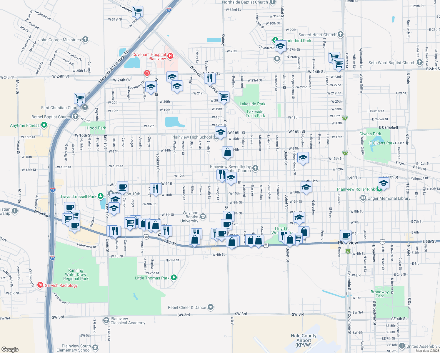 map of restaurants, bars, coffee shops, grocery stores, and more near 1108 Raleigh St in Plainview