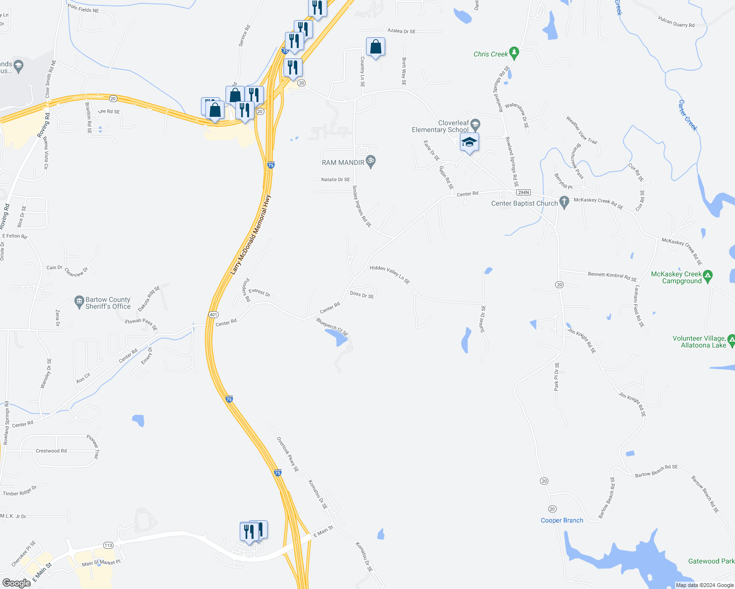map of restaurants, bars, coffee shops, grocery stores, and more near 468 Center Road in Cartersville