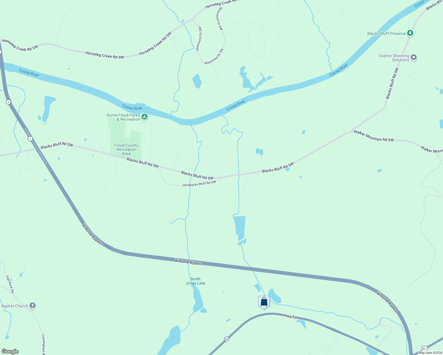 map of restaurants, bars, coffee shops, grocery stores, and more near 2177 Blacks Bluff Road Southwest in Rome