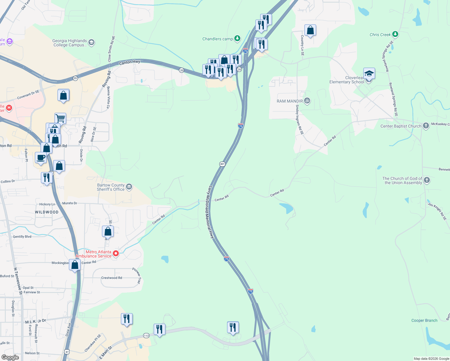 map of restaurants, bars, coffee shops, grocery stores, and more near 9 McKinley Court Southeast in Cartersville