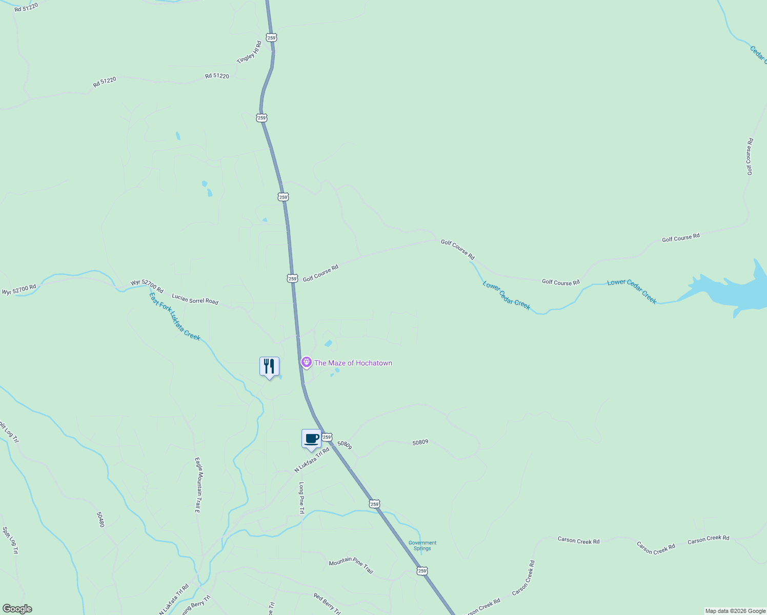 map of restaurants, bars, coffee shops, grocery stores, and more near 417 Choate Road in Broken Bow
