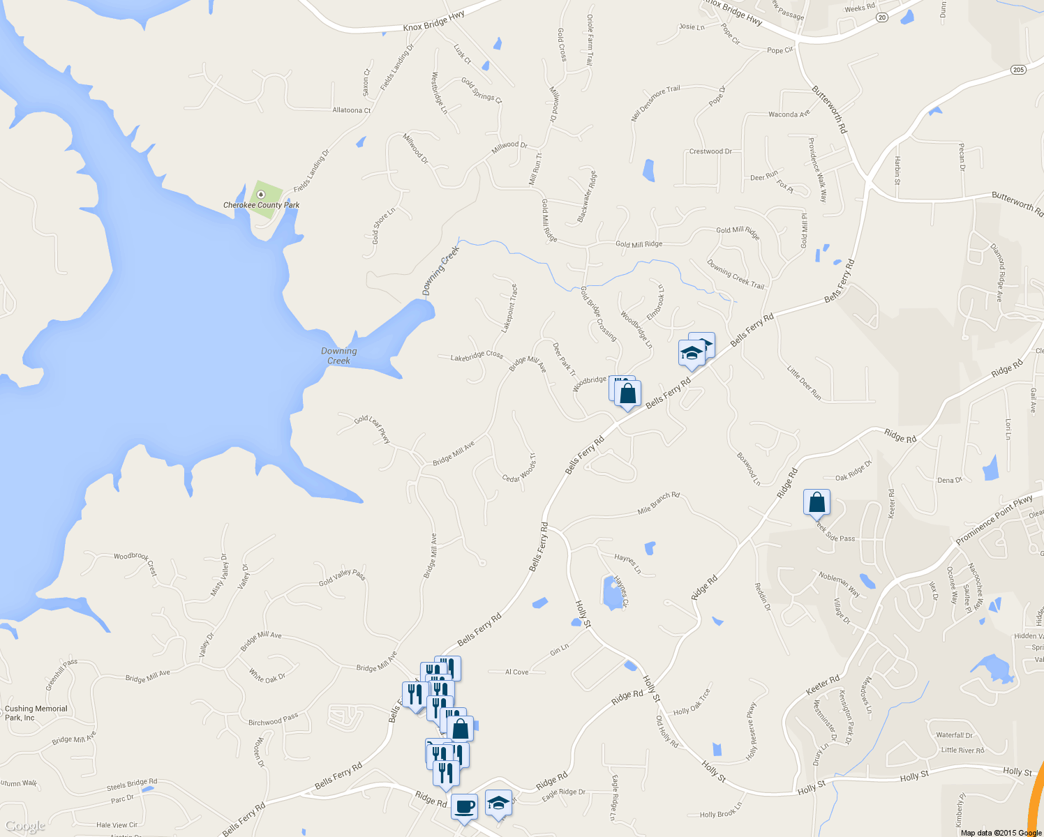map of restaurants, bars, coffee shops, grocery stores, and more near 146 Cedar Woods Trail in Canton