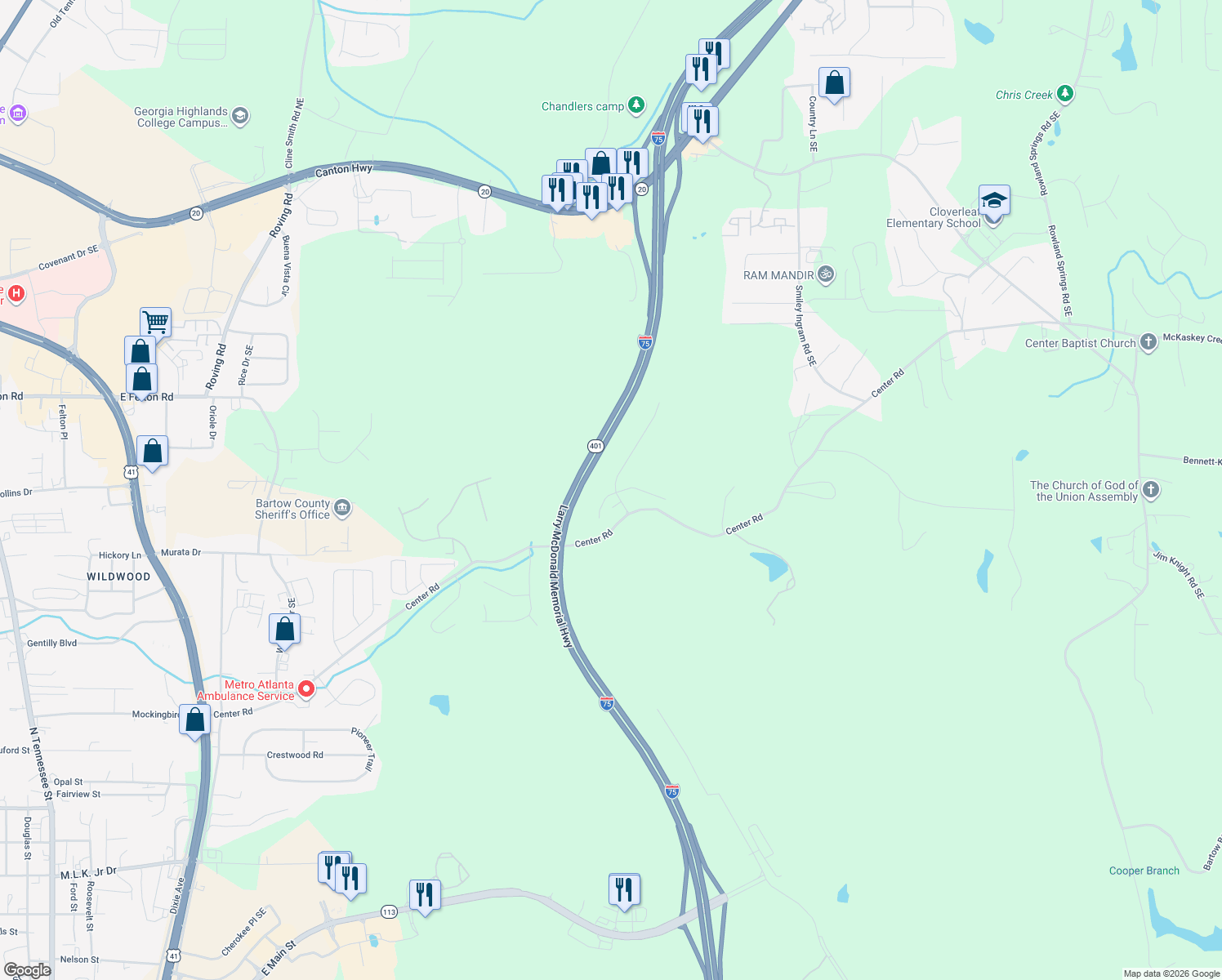 map of restaurants, bars, coffee shops, grocery stores, and more near 5 McKinley Court Southeast in Cartersville
