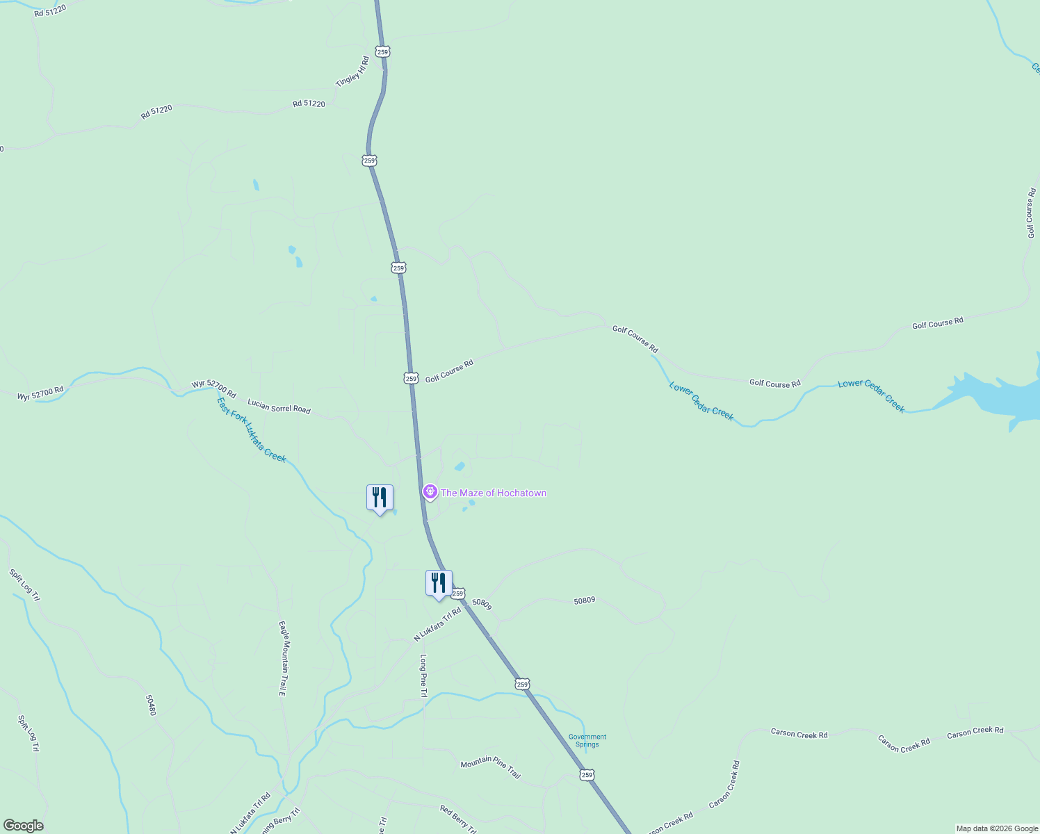 map of restaurants, bars, coffee shops, grocery stores, and more near 417 Choate Road in Broken Bow