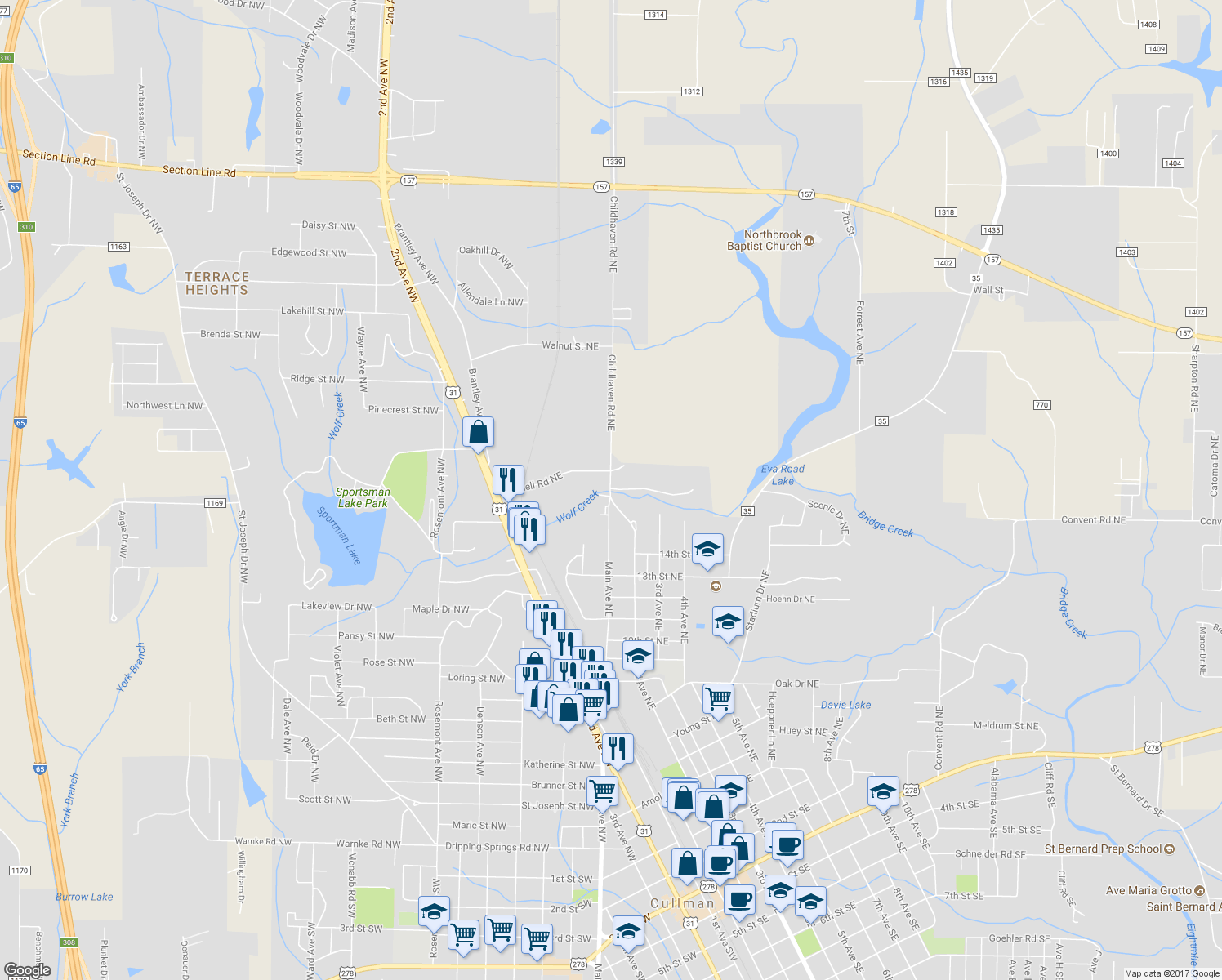 map of restaurants, bars, coffee shops, grocery stores, and more near 1628 Childhaven Road Northeast in Cullman