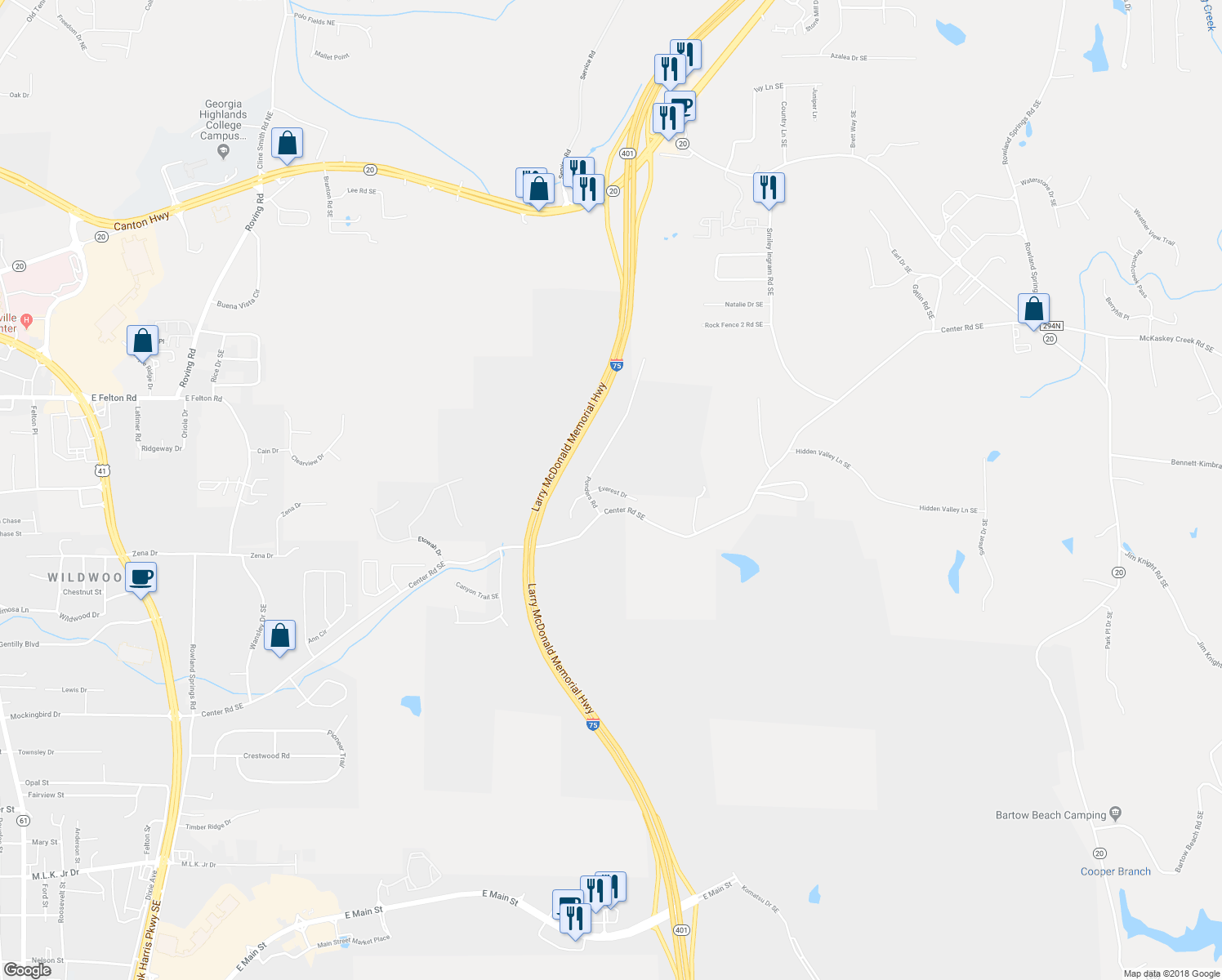 map of restaurants, bars, coffee shops, grocery stores, and more near Everest Drive in Cartersville