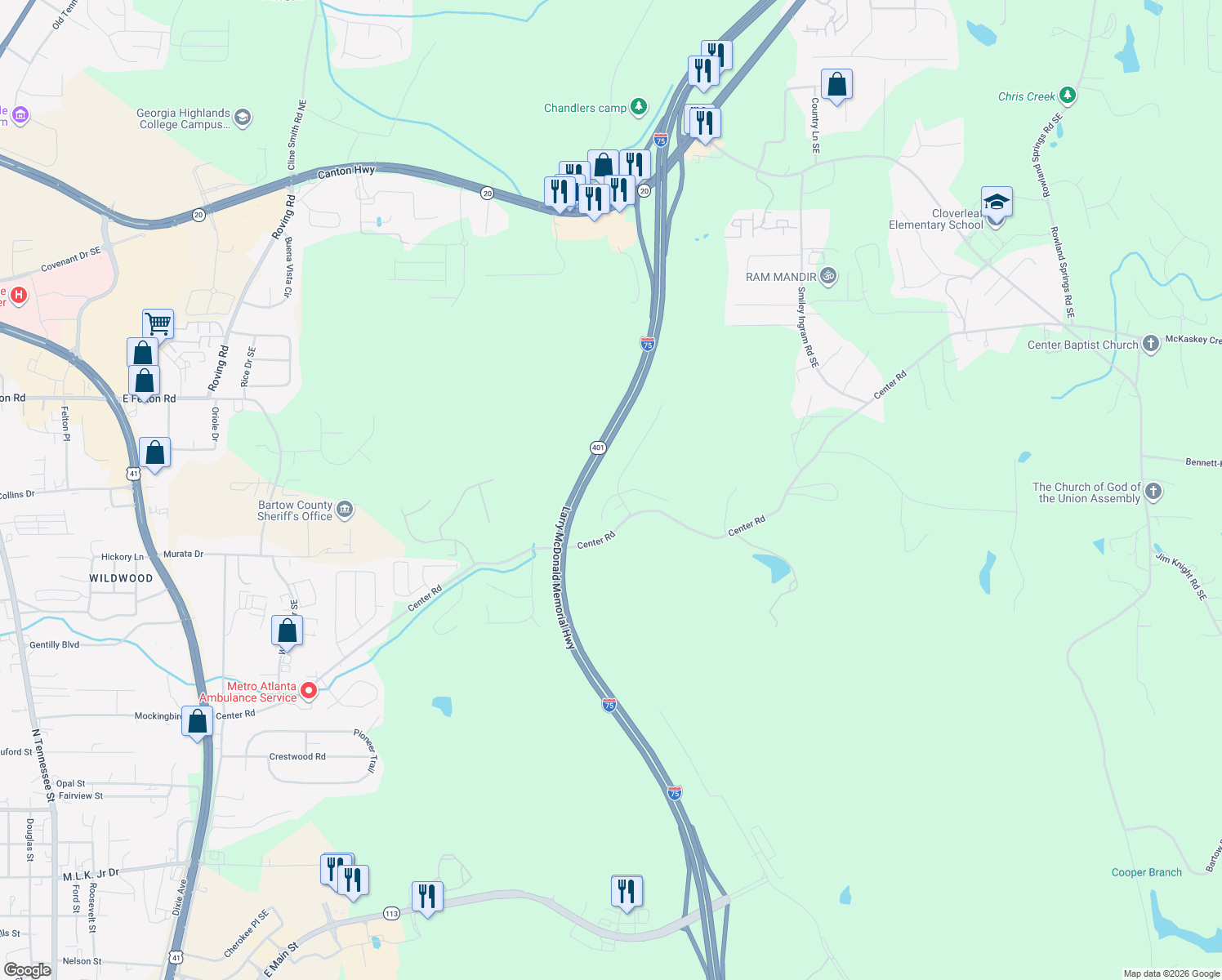 map of restaurants, bars, coffee shops, grocery stores, and more near 5 McKinley Court Southeast in Cartersville