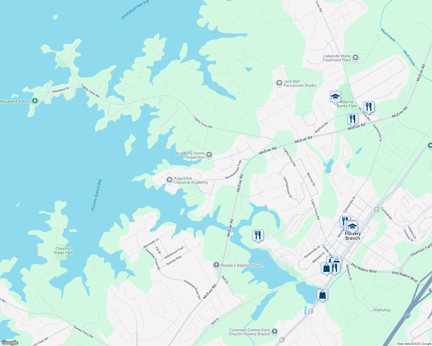 map of restaurants, bars, coffee shops, grocery stores, and more near 5934 Nachoochee Trail in Flowery Branch