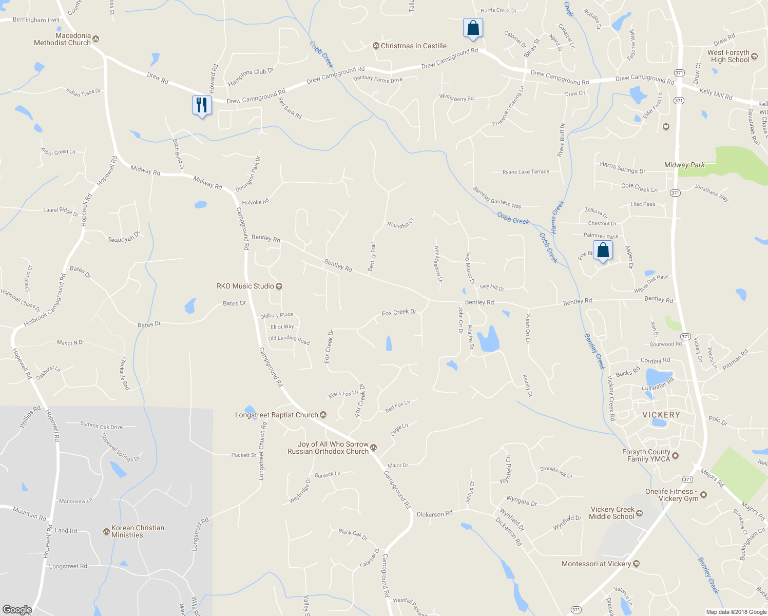 map of restaurants, bars, coffee shops, grocery stores, and more near 6360 Fox Creek Drive in Cumming