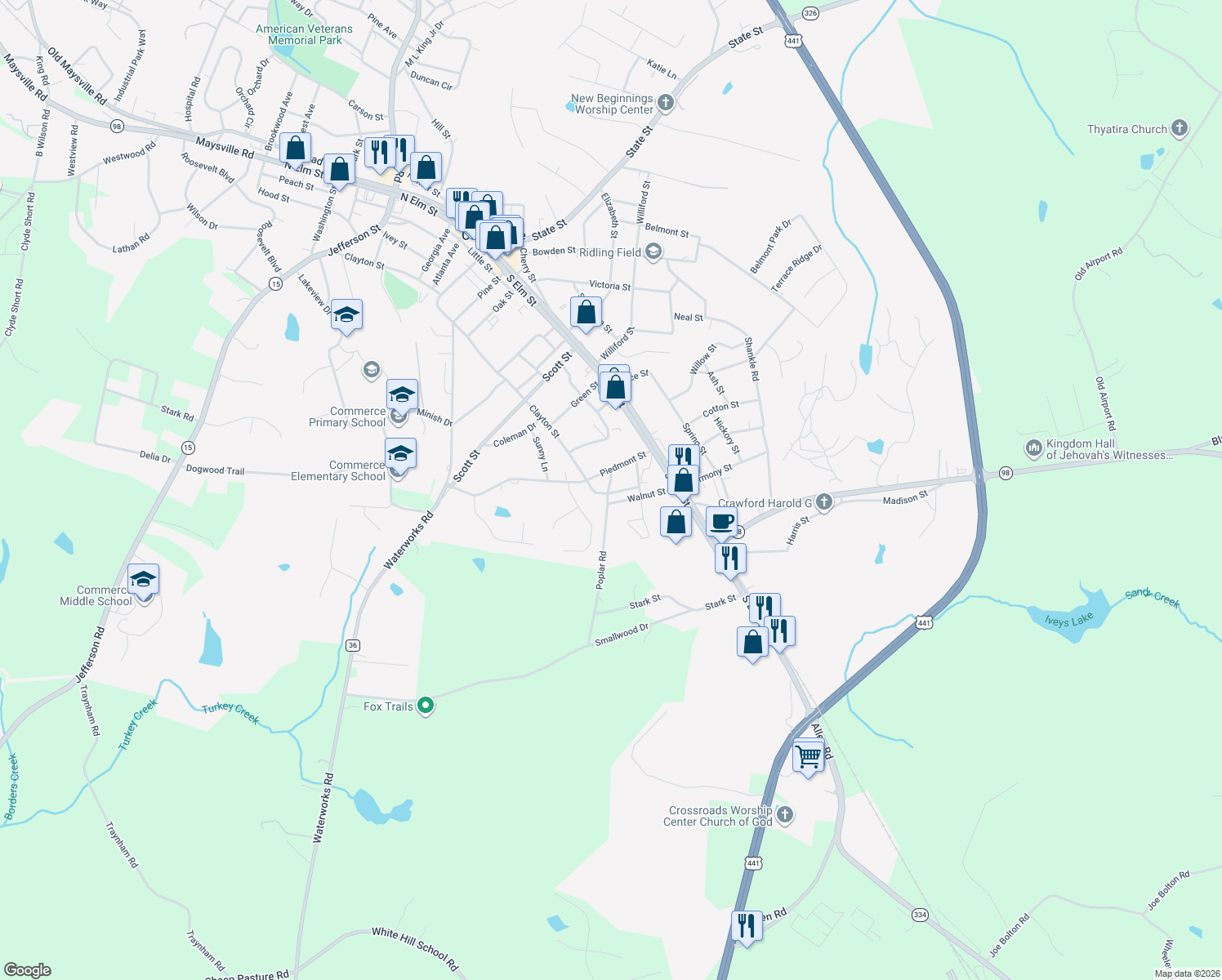 map of restaurants, bars, coffee shops, grocery stores, and more near 88 Chestnut Street in Commerce