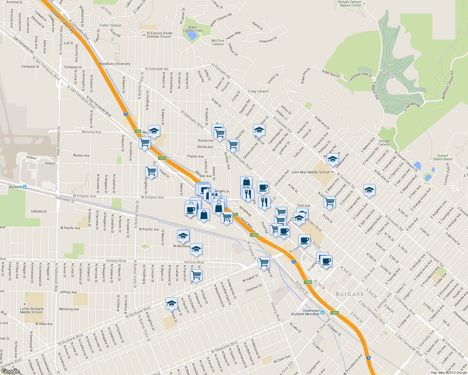 map of restaurants, bars, coffee shops, grocery stores, and more near 1608 Grismer Avenue in Burbank