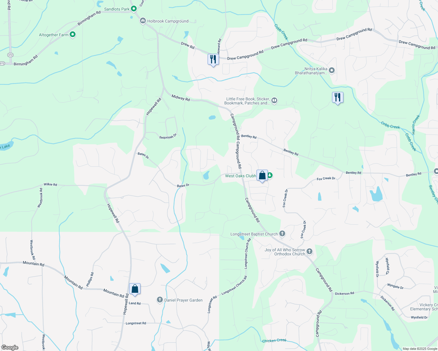 map of restaurants, bars, coffee shops, grocery stores, and more near 7376 Bates Drive in Cumming