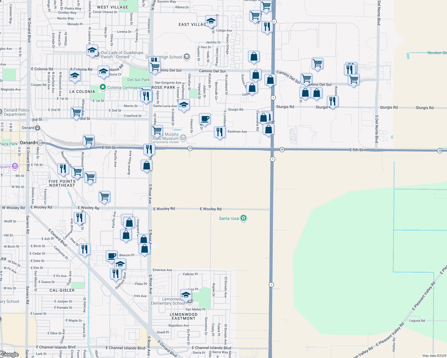 map of restaurants, bars, coffee shops, grocery stores, and more near 2151 East Wooley Road in Oxnard