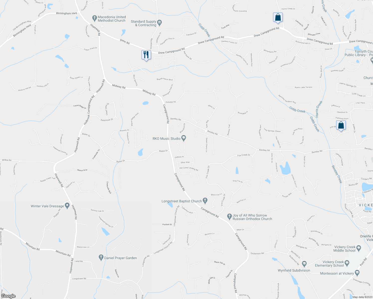 map of restaurants, bars, coffee shops, grocery stores, and more near 6805 Bransford Drive in Cumming