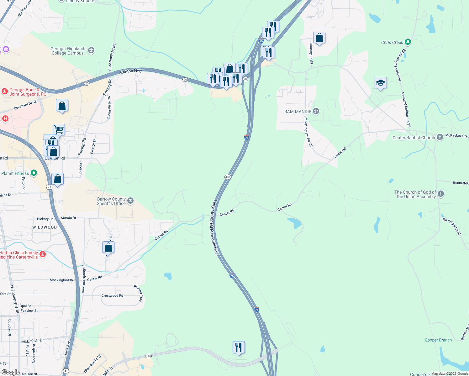 map of restaurants, bars, coffee shops, grocery stores, and more near 18 Ponders Road in Cartersville