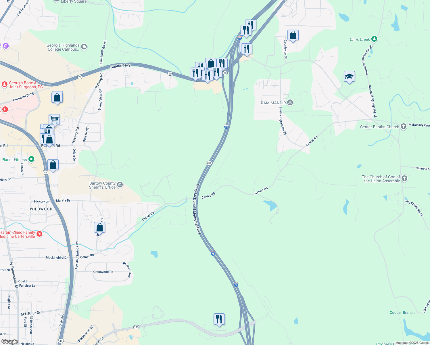 map of restaurants, bars, coffee shops, grocery stores, and more near 18 Ponders Road in Cartersville