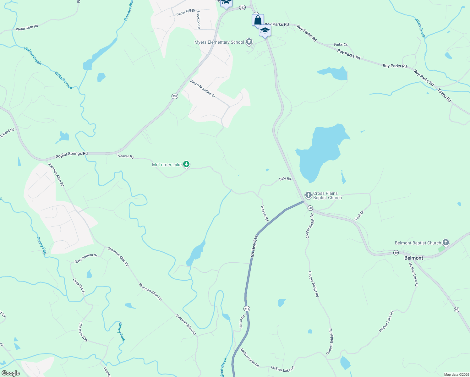 map of restaurants, bars, coffee shops, grocery stores, and more near 5017 Weaver Road in Gainesville