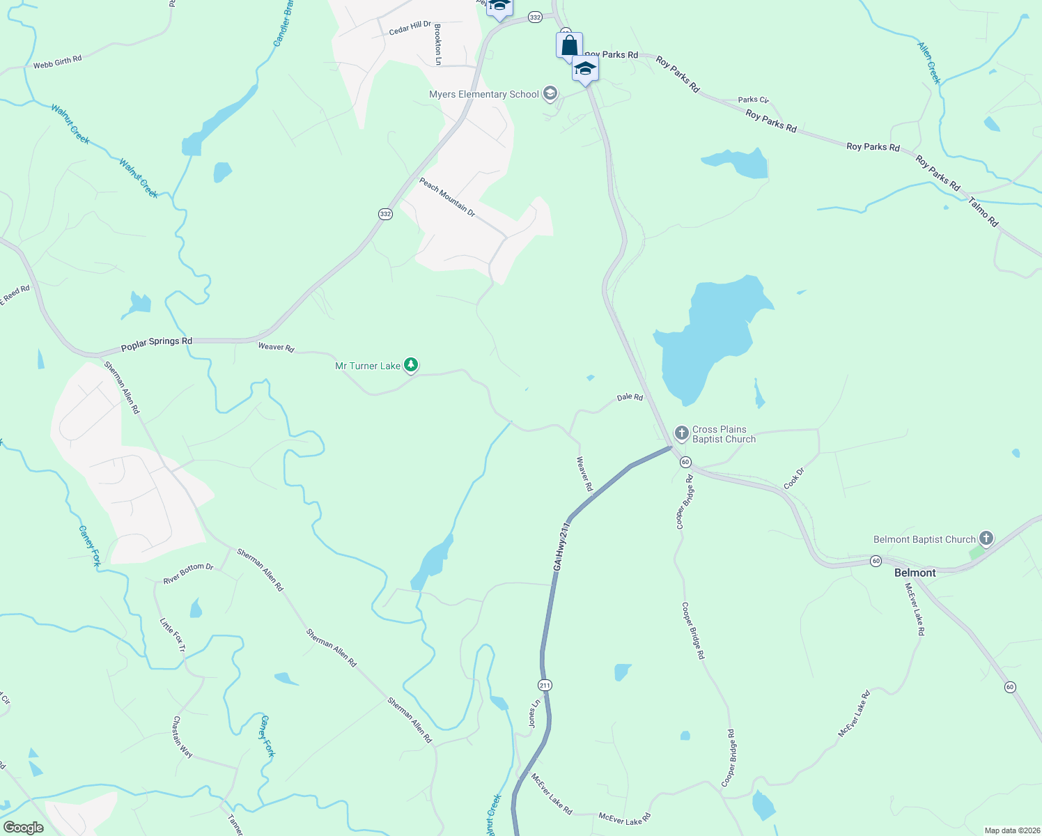 map of restaurants, bars, coffee shops, grocery stores, and more near 5017 Weaver Road in Gainesville
