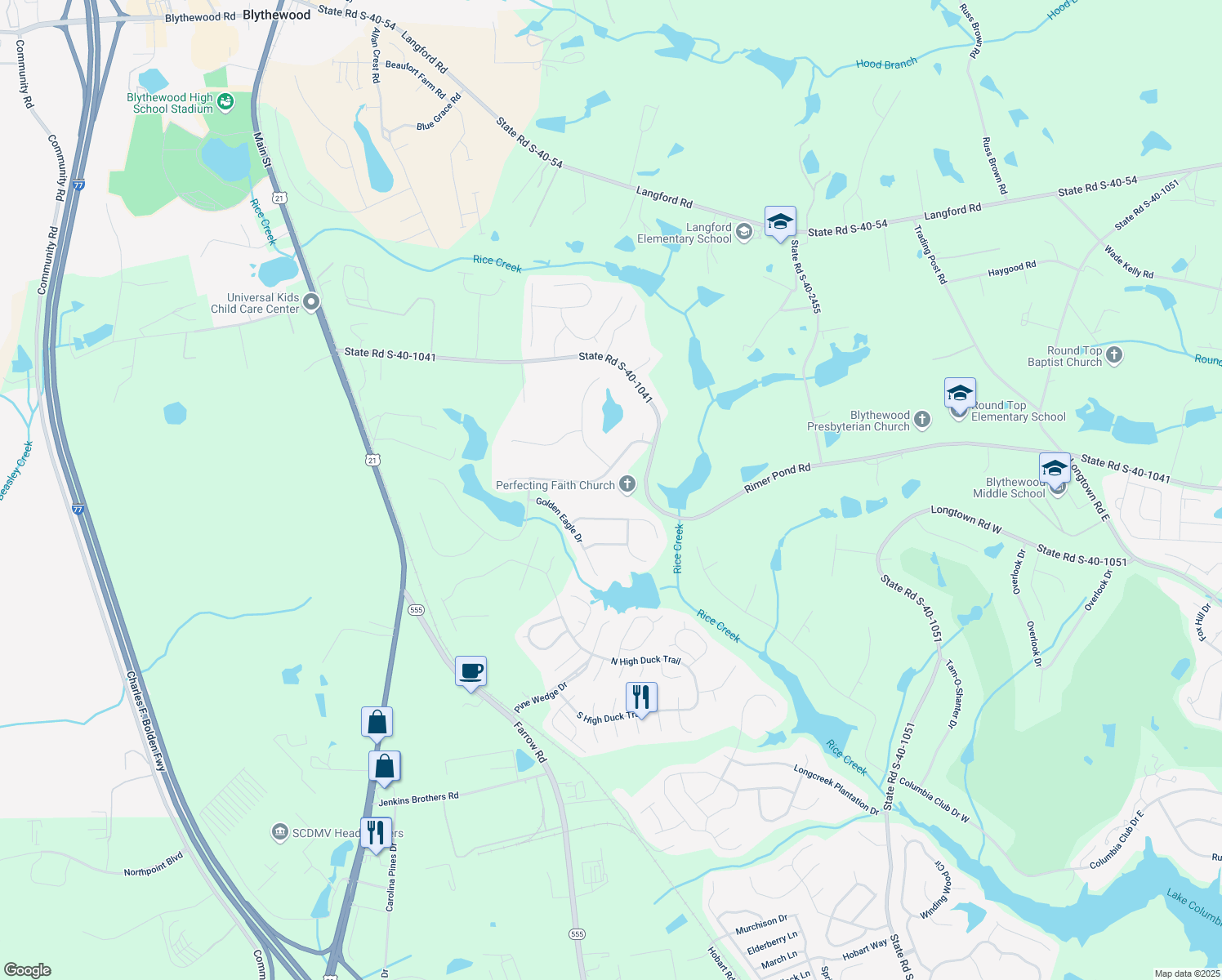 map of restaurants, bars, coffee shops, grocery stores, and more near 201 Eagles Ridge Drive in Blythewood