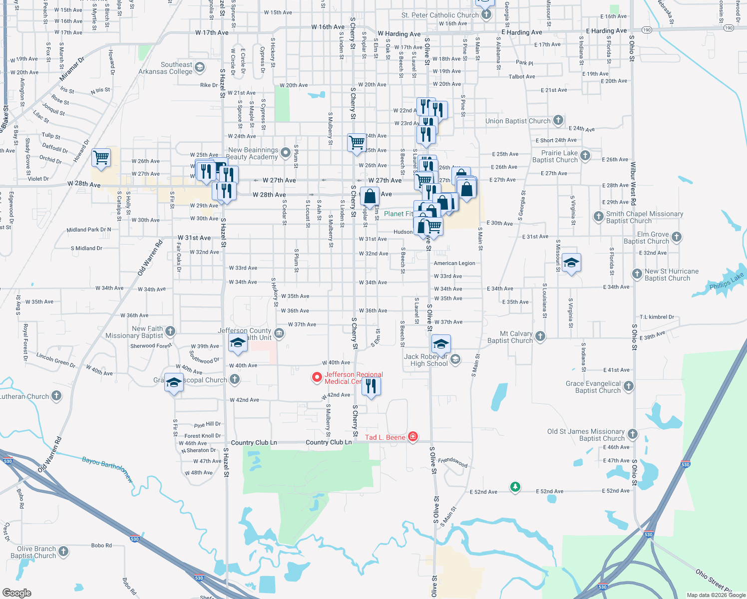 map of restaurants, bars, coffee shops, grocery stores, and more near 900 West 35th Avenue in Pine Bluff