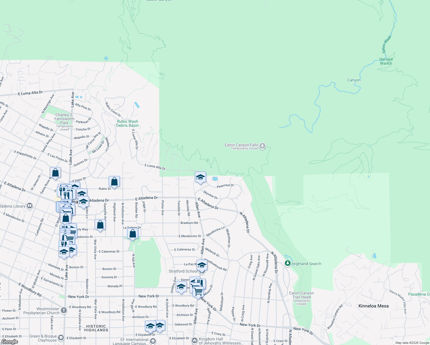 map of restaurants, bars, coffee shops, grocery stores, and more near 2004 East Glenallen Lane in Altadena