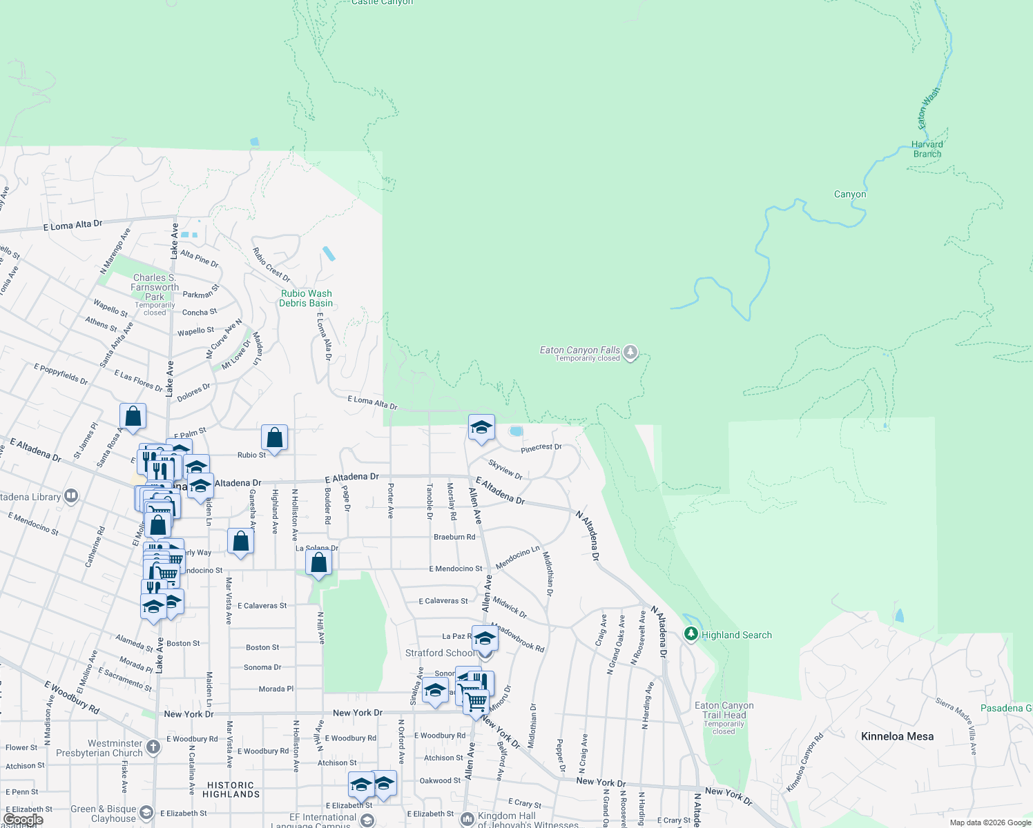 map of restaurants, bars, coffee shops, grocery stores, and more near 2004 East Glenallen Lane in Altadena