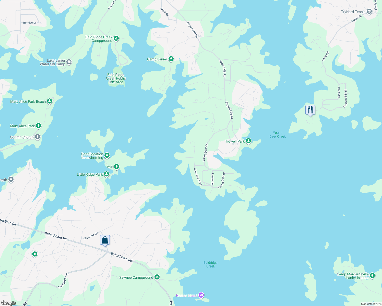 map of restaurants, bars, coffee shops, grocery stores, and more near 5925 Cherokee Trce in Cumming