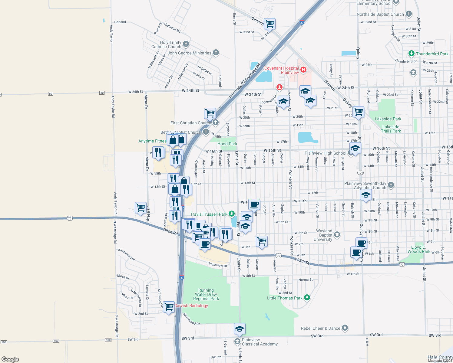 map of restaurants, bars, coffee shops, grocery stores, and more near 1301 Floydada St in Plainview
