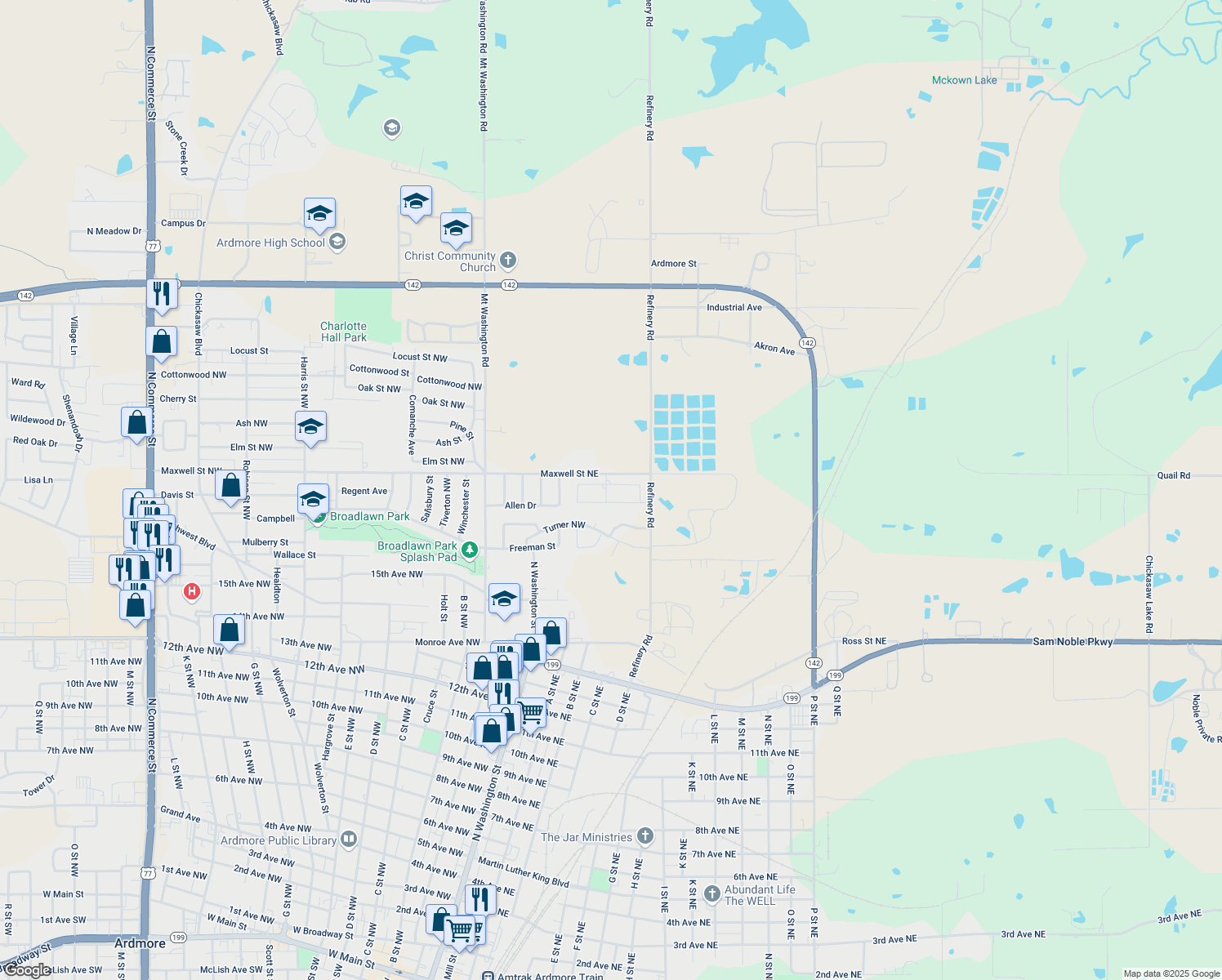 map of restaurants, bars, coffee shops, grocery stores, and more near 402 Wandering Way in Ardmore