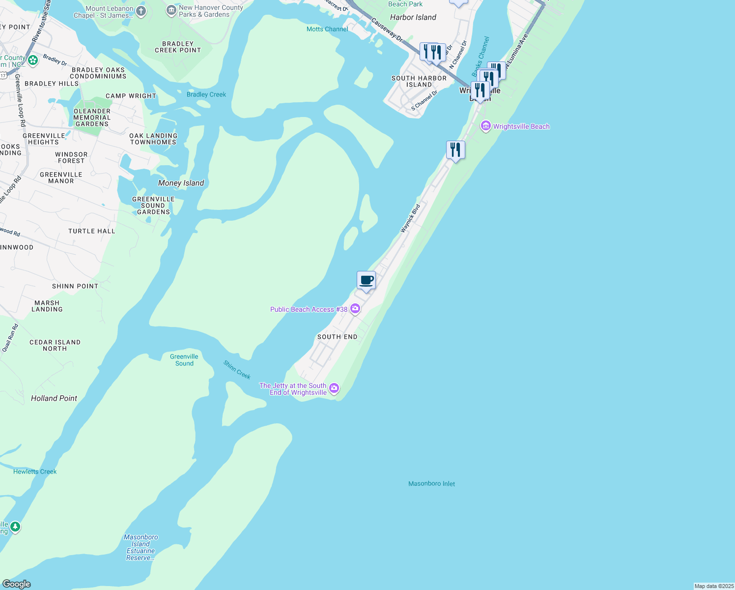 map of restaurants, bars, coffee shops, grocery stores, and more near 16 Nathan Street in Wrightsville Beach