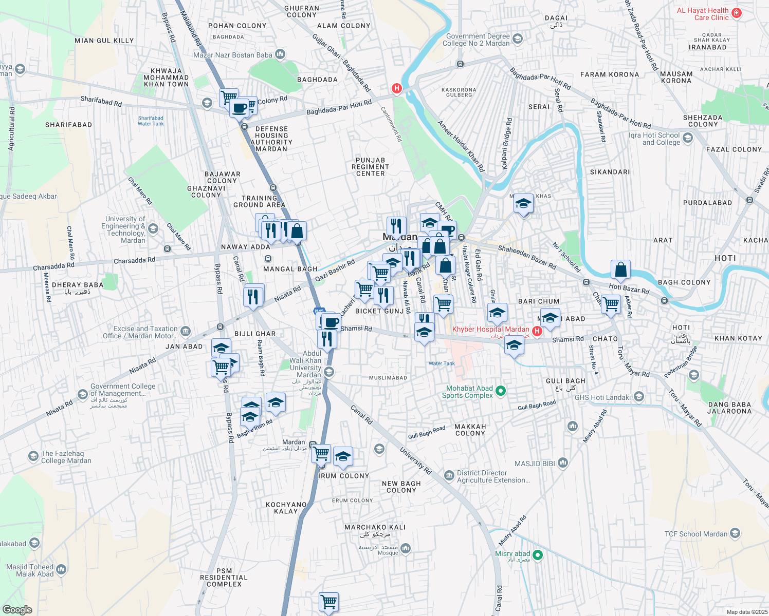 map of restaurants, bars, coffee shops, grocery stores, and more near Bicket Gunj Bazar in Mardan